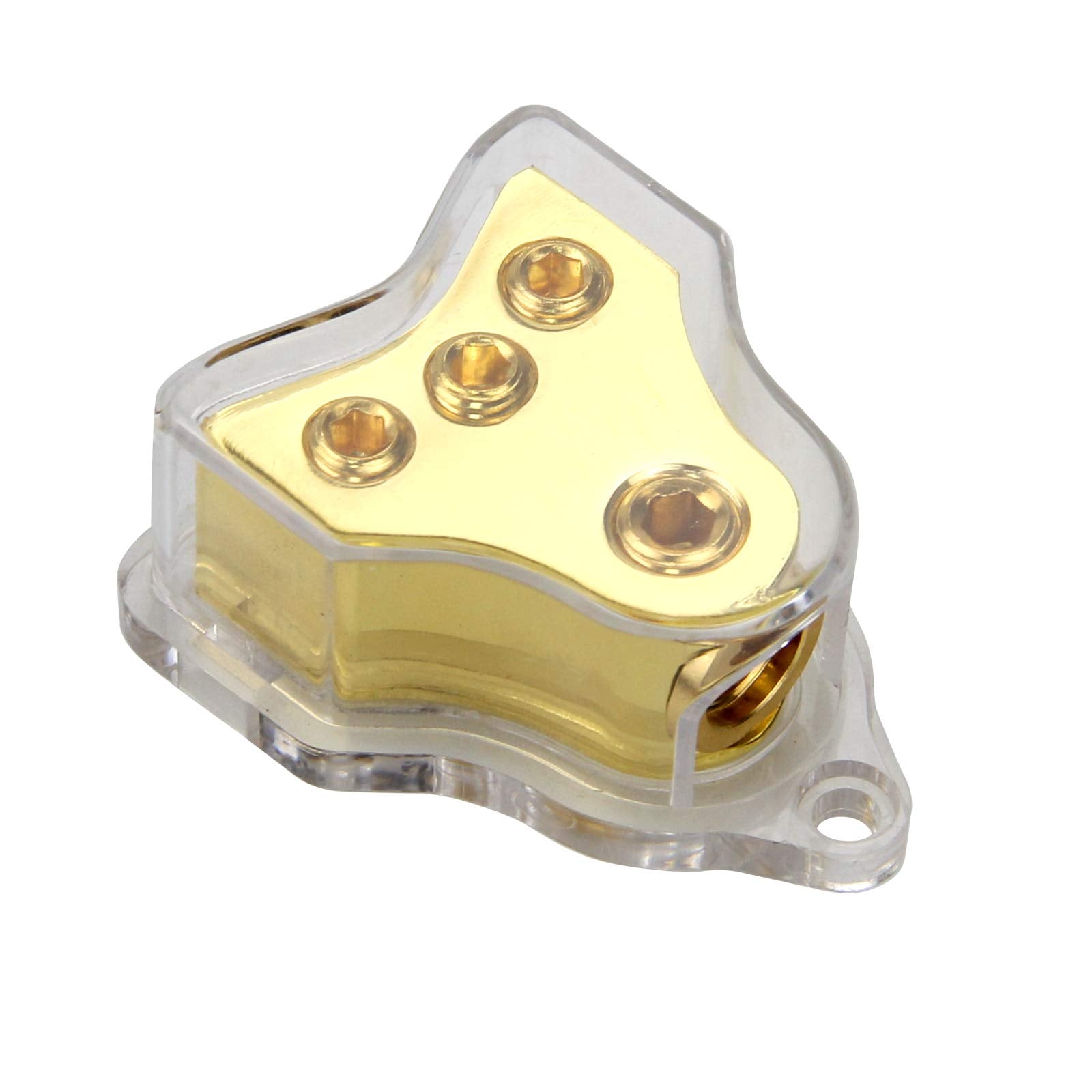 Rkurck 3 Way Copper Power Distribution Block, 0/2/4 Awg Gauge In, 4/8/10 Gauge Out, Car Audio Stereo Amp Distribution Connecting