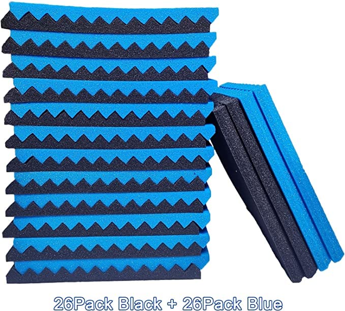 Hjgfk2018 52 Pack Acoustic Foam Panels,1 X 12 X 12 Black/Blue Acoustic Wedge Studio Foam Sound Absorption Wall Panels