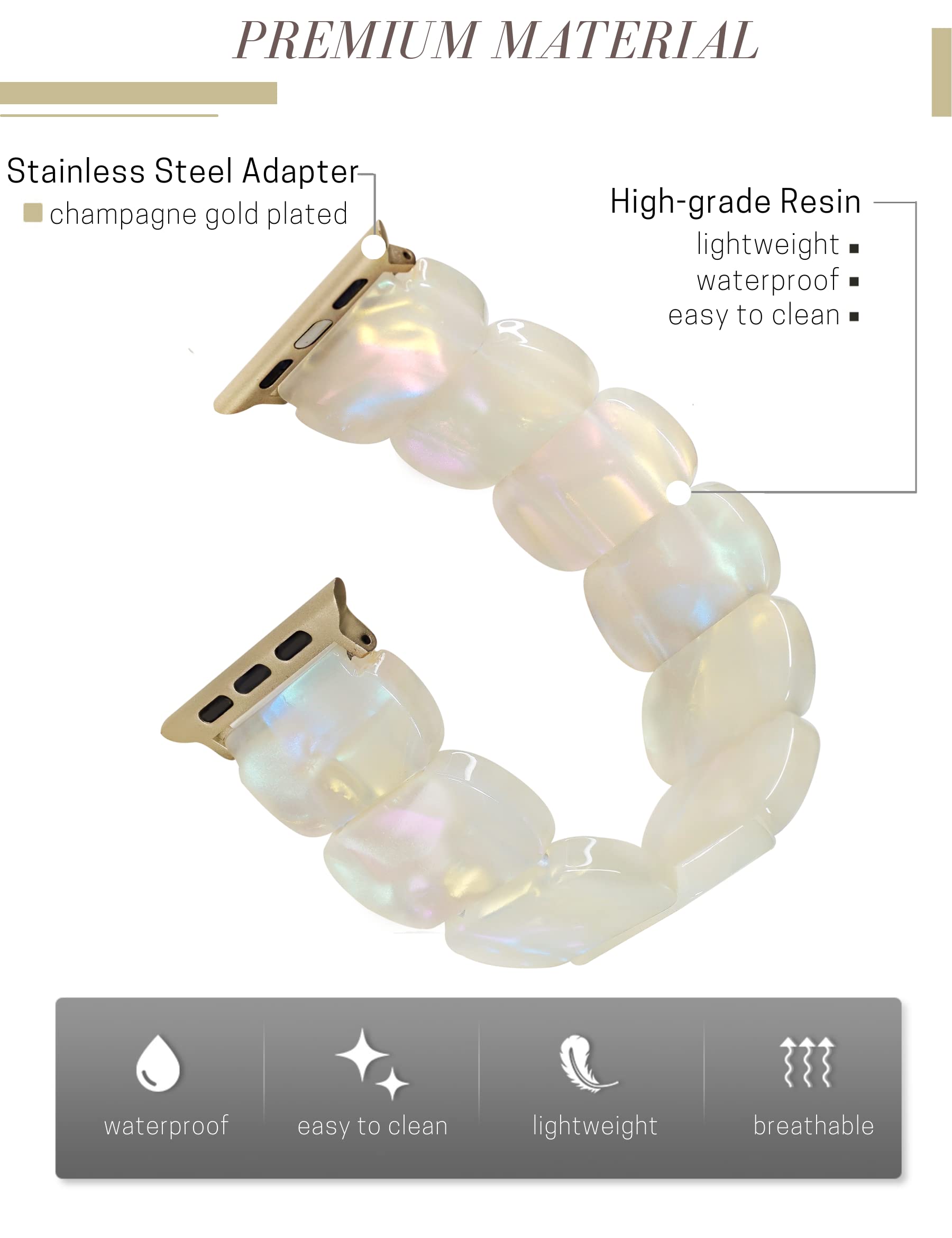 Heesch White Watch Band Compitable With Apple Watch Series Se 7,6,5,4 Band For Women Stretchy Resin Fashion Watch Bracelet Strap