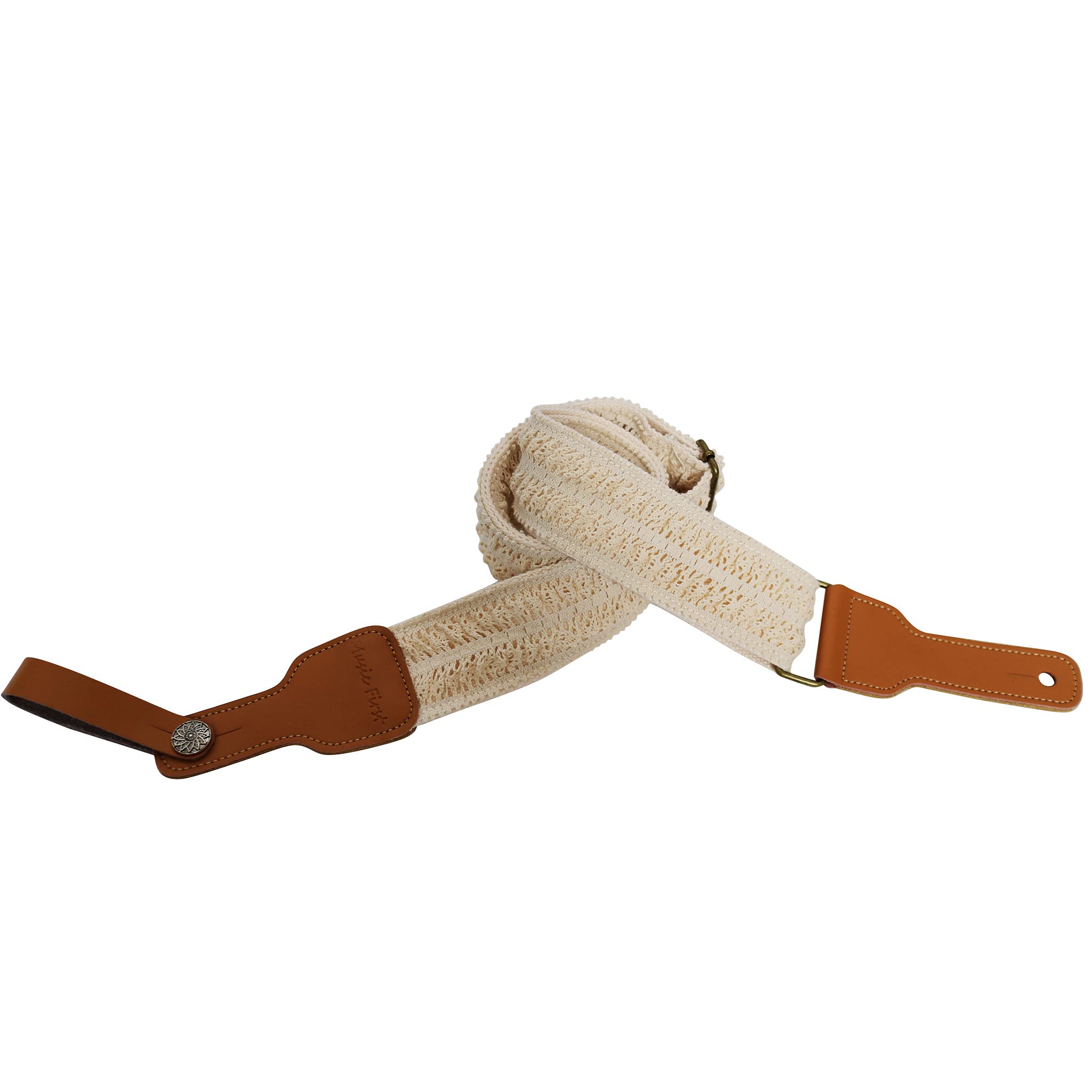 Music First Original Design, 2 Inch Width (5Cm), Cream Graceful & Vintage''Lace'' Soft Lace & Genuine Leather Delux Guitar Strap