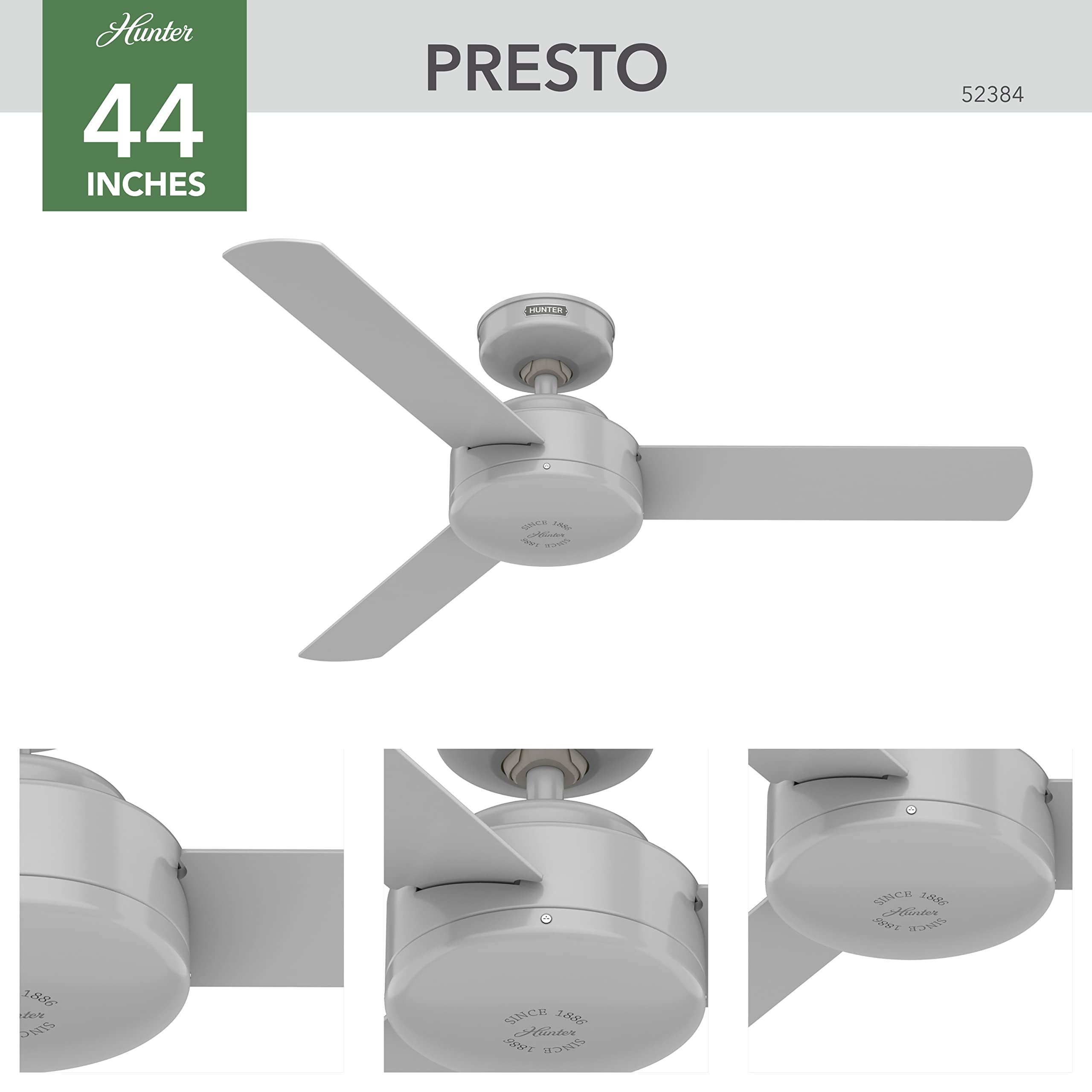 Hunter   Presto Indoor Ceiling Fan, Wall Control, 44 Inch, Dove Grey, Casual Style, 3 Speed Whisperwind Motor, 52384, For Living