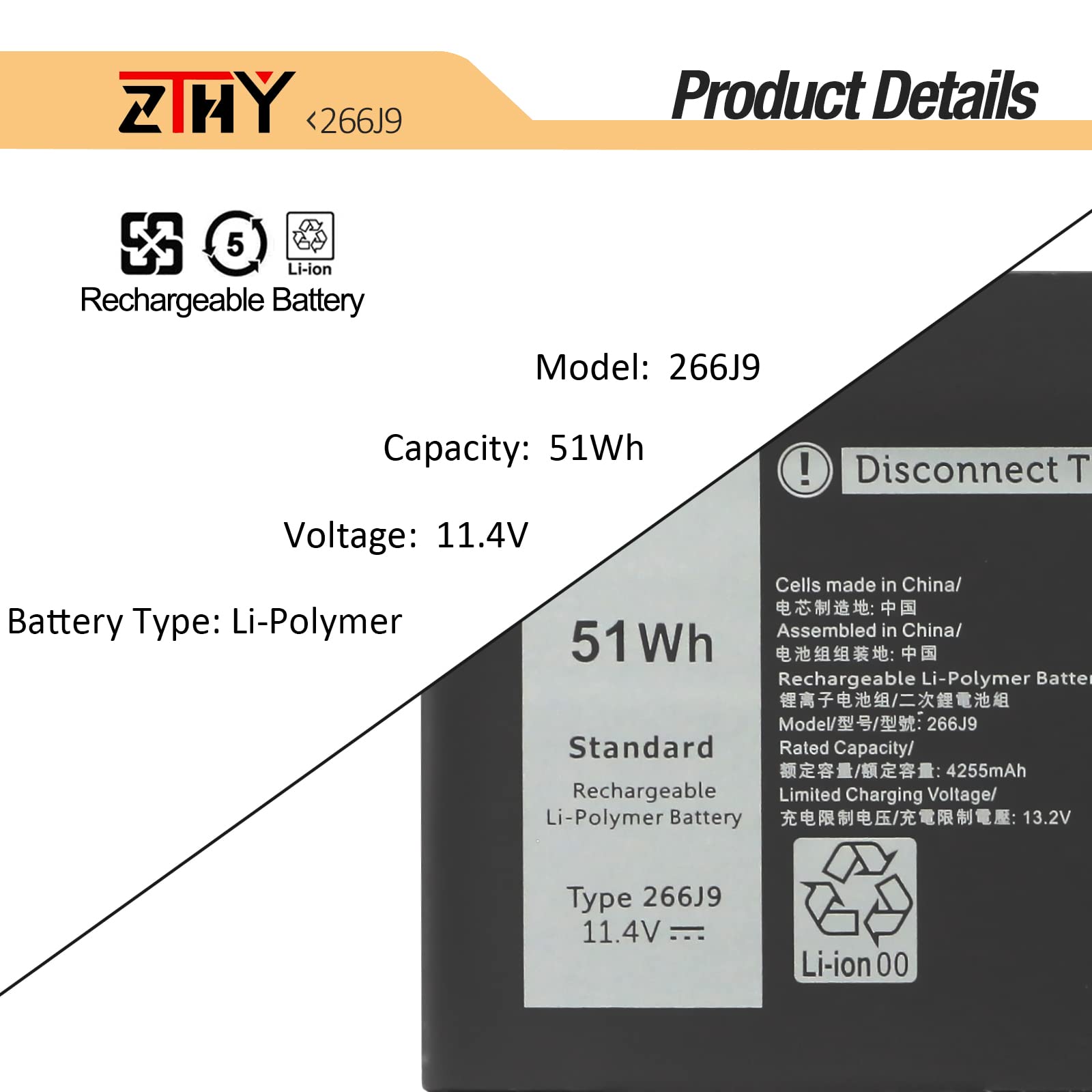 ZTHY Laptop Battery 266J9 for Dell G3 15 3500 3590 G5 15 5500 11.4V 51Wh 3-Cell Li-ion Black