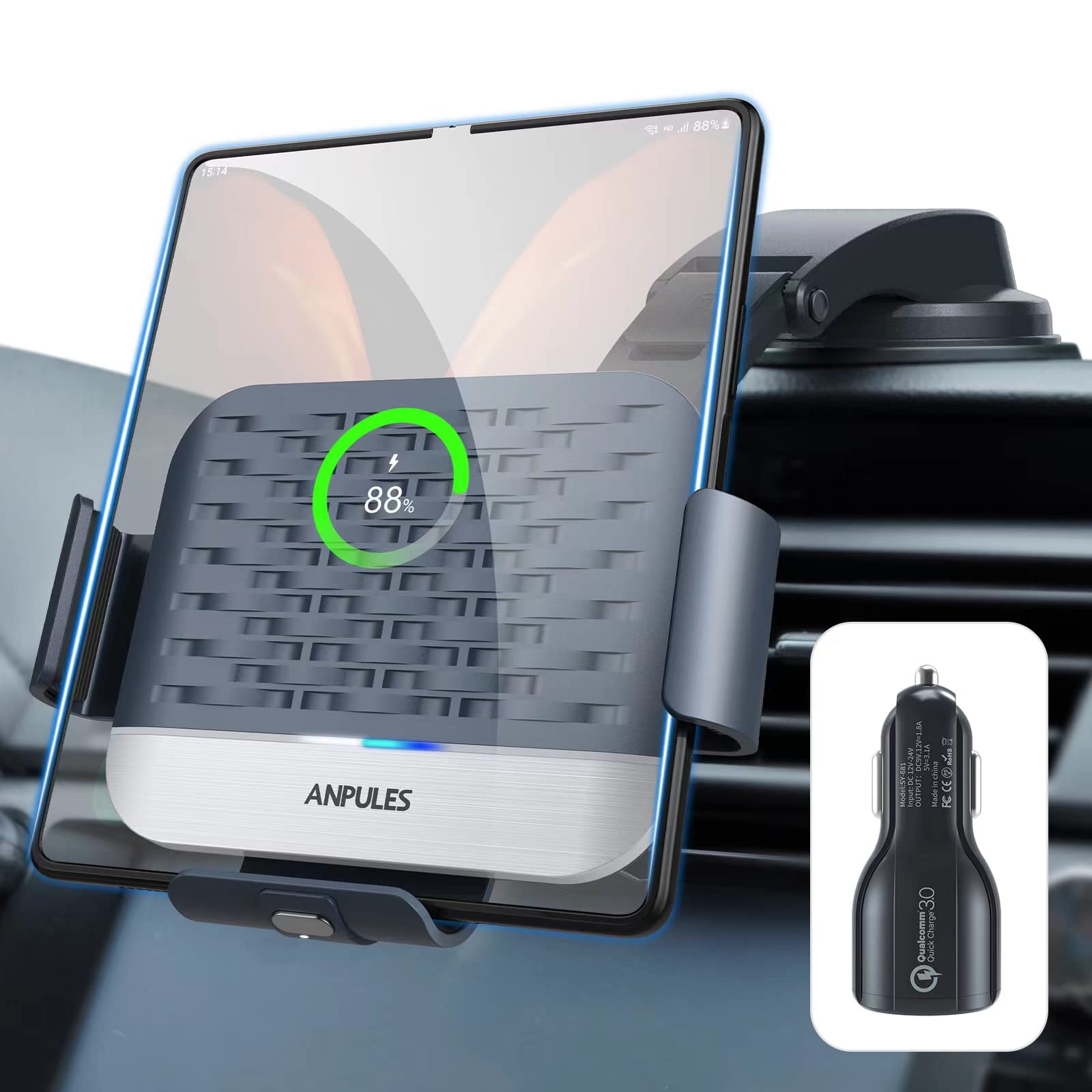 Anpules Wireless Car Charger For Samsung Galaxy Z Fold 6/5/4/3, Dual Coils,Fast Charging Phone Car Mount For Christmas, Auto-Cla