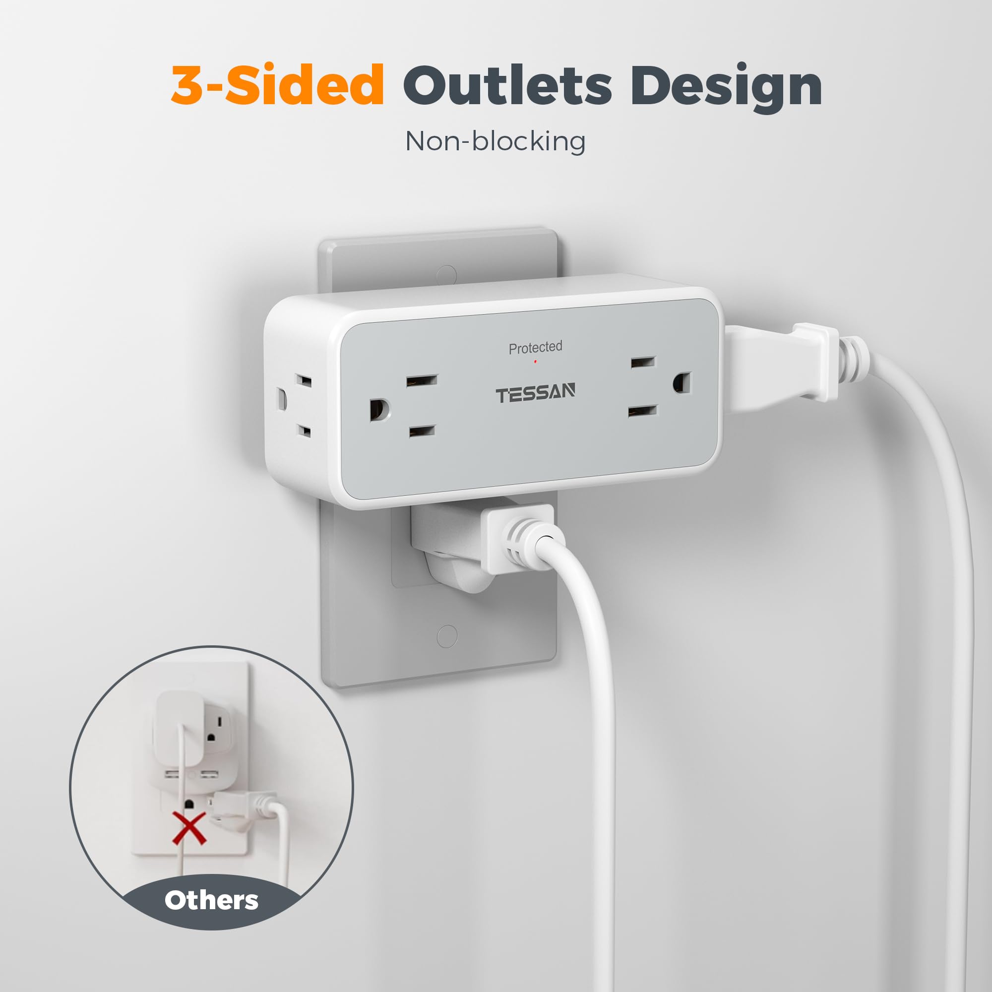 Surge Protector Outlet Extender, Tessan 2100J Multi Plug Splitter With 4 Electrical Outlets, 3 Side Multiple Wall Plug Expander