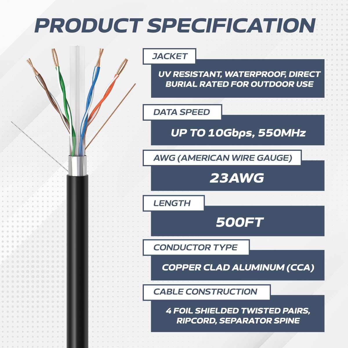 Cables Direct Online 500Ft Cat6 Outdoor Direct Burial Ftp Solid Cable 550Mhz Ethernet Lan Utp 23Awg Rj45 Network Wire Bulk Coppe