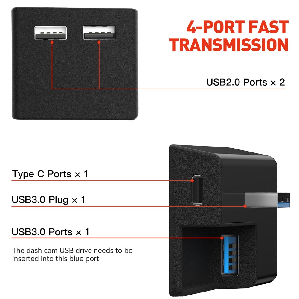 Glove Box Usb Hub For Tesla, Yonzee 4 In 1 Abs Flocking Multi Ports Glovebox Usb Flash Drive Docking Station For Charging Data T