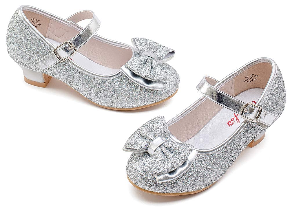 Walofou Flower Silver Girls Dress Shoes Girl Shoes Mary Jane Princess Shoes Girls High Heel Girls Ballerina Flat For Toddlerlitt