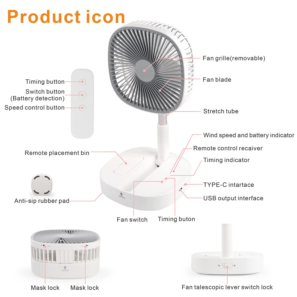 Portable Pedestal Fan   Foldaway Standing Fan Foldable Desk Fan, Use 7200Mah Rechargeable Battery, Remote Control Telescopic 4 S