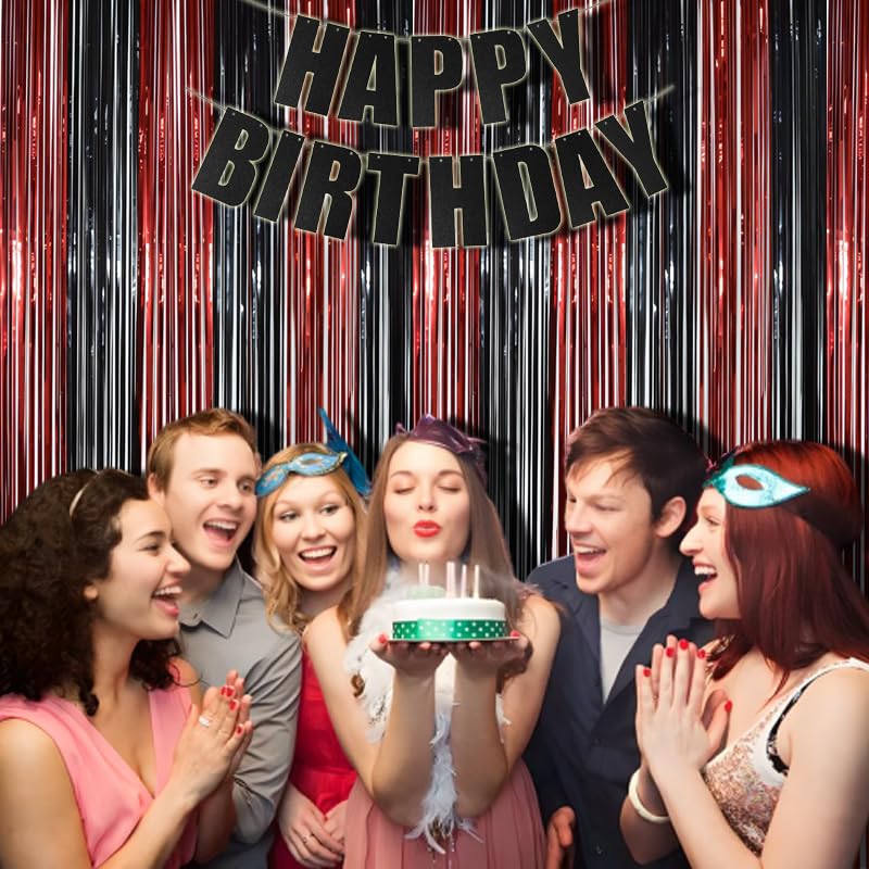 Braveshine Tinsel Photo Backdrop Curtains   2 Pack 3.2X8.2Ft Black Red Foil Fringe Streamer Curtain For Halloweens, Lantern, Pum