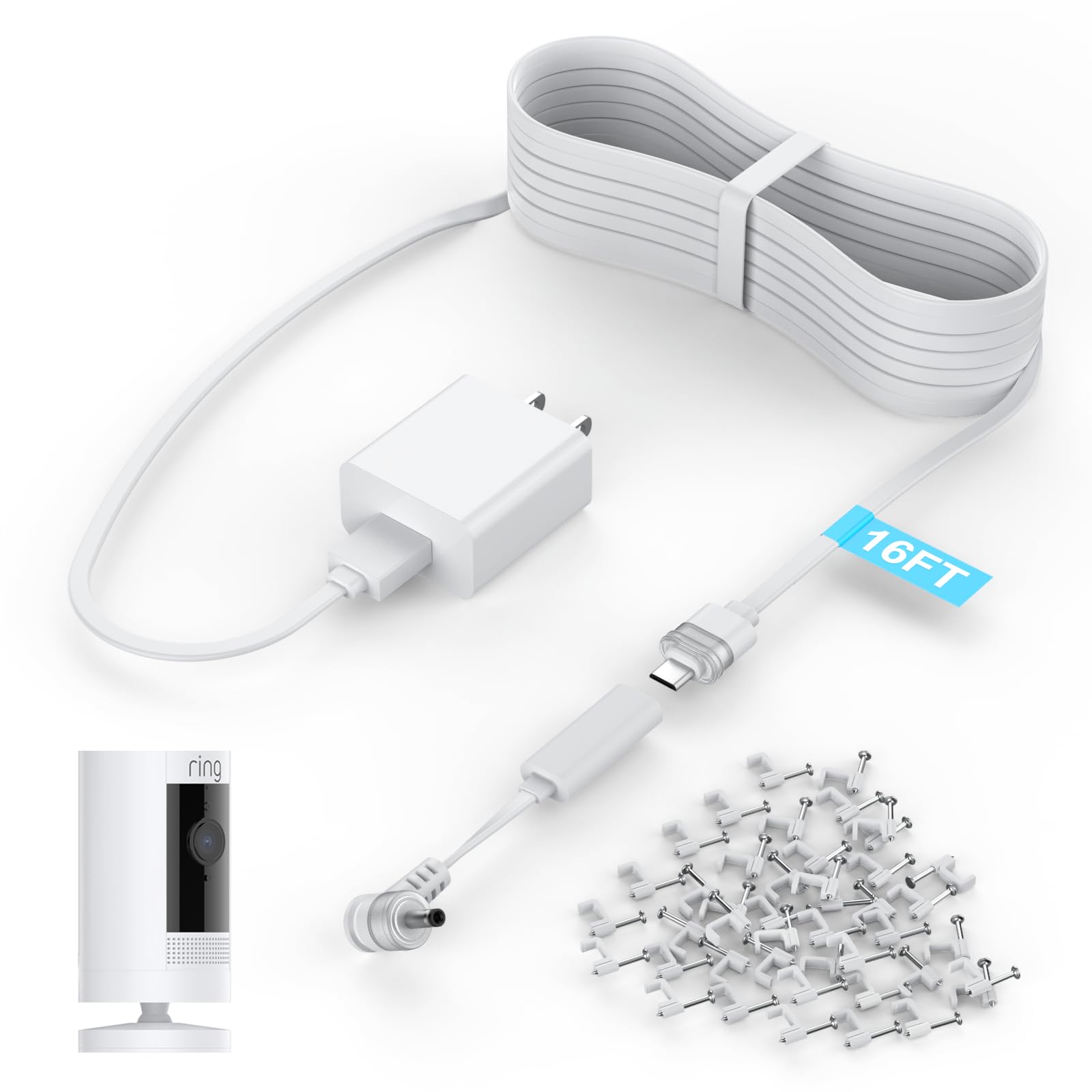 For Ring Stick Up Camera Plug In Power Cord, Charger Adapter Plug In 3Rd Gen, 2Nd Gen, For Ring Spotlight Cam Plus, Pro (Battery). Weatherproof, Continuously Charge Your Outdoor Camera, Usb C 16Ft