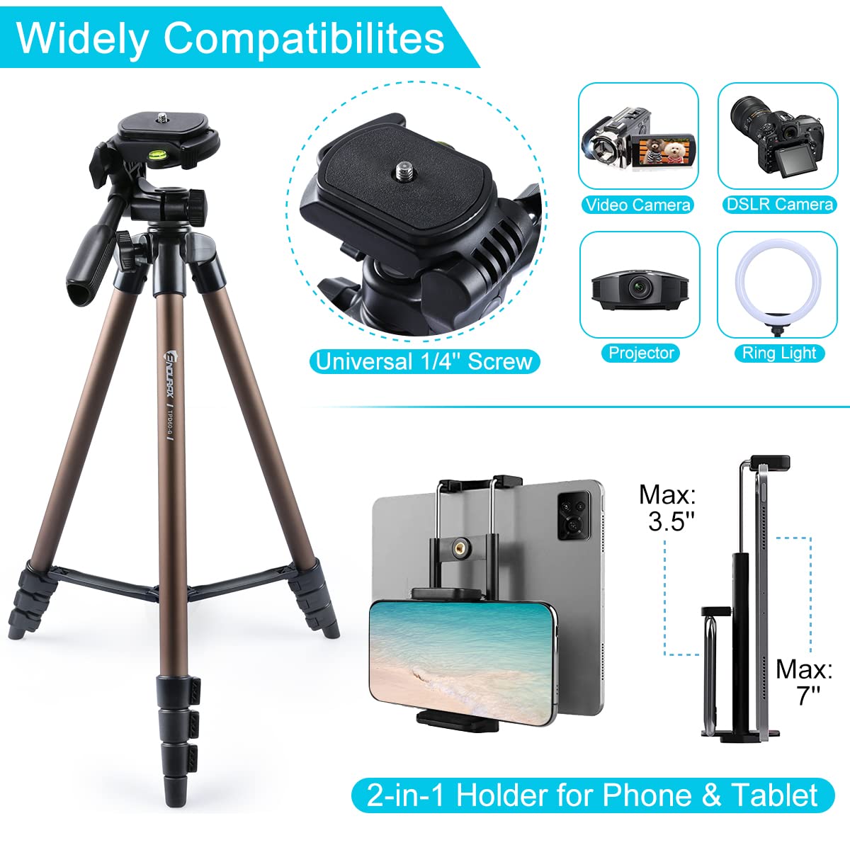 Endurax 60'' Tripod For Camera Canon Nikon Dslr, Camera Phone Tripod With Universal Holder, Carry Bag, Max. Load 6.6 Lbs