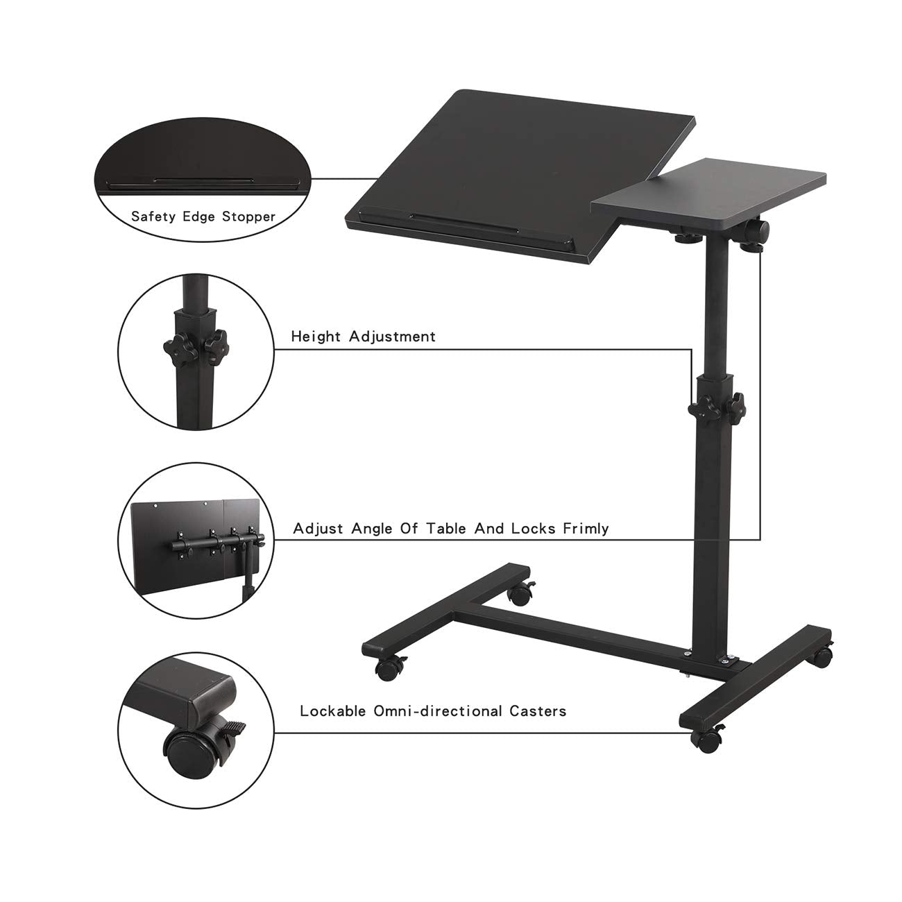TigerDad Mobile Rolling Laptop Stand - Tilting Overbed Table, Height Adjustable, Black, Model 0203, E1 Grade MFD + Steel Tube Construction