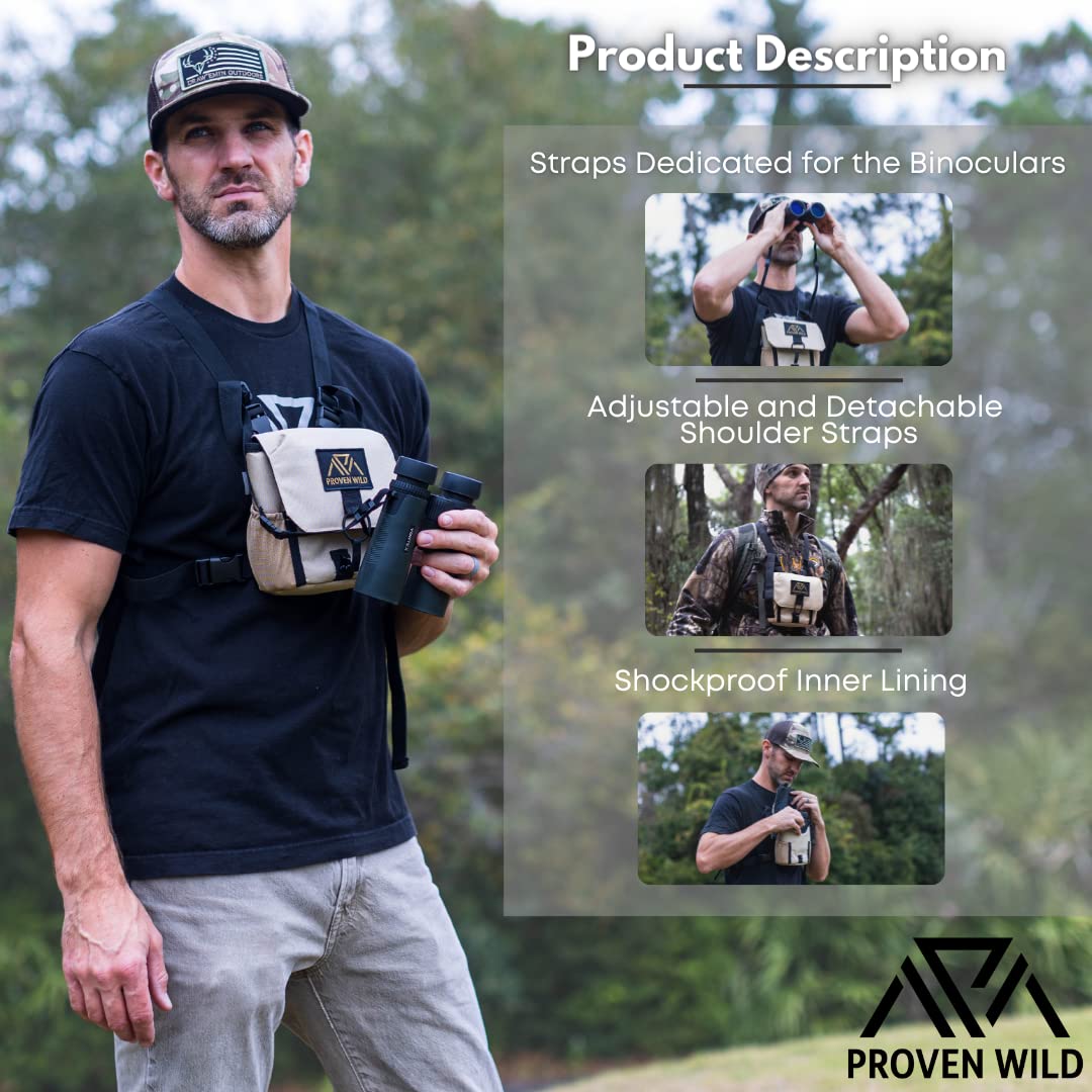 Proven Wild Bino Harness Binocular Harness Chest Pack Made Of Waterproof 900D Nylon | Binocular Harness For Hunting Case With Adjustable Shoulder Straps, 2 Mesh Pockets, And Zipper Back Pocket