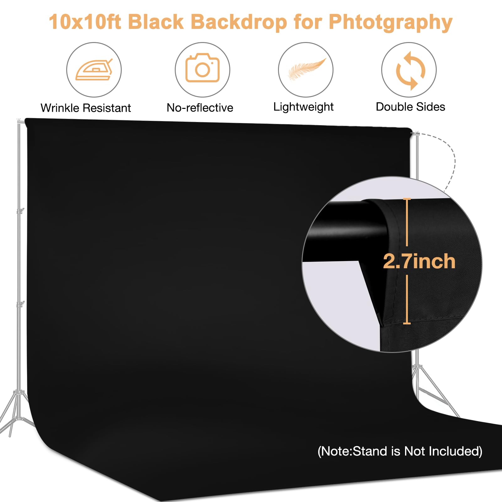 Aimosen 10X10 Ft Black Backdrop Background For Photography, Large Black Photo Backdrop Curtain Drapes, High Density Polyester Fa