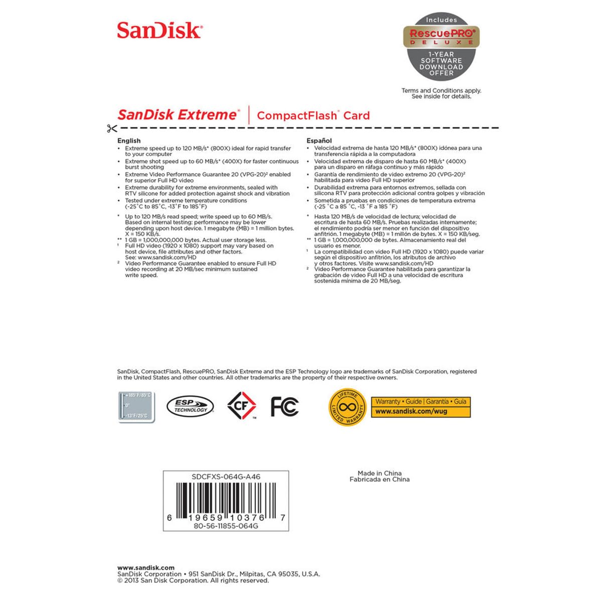 Sandisk Extreme Compactflash Memory Card   64 Gb (Sdcfxs 064G A46)