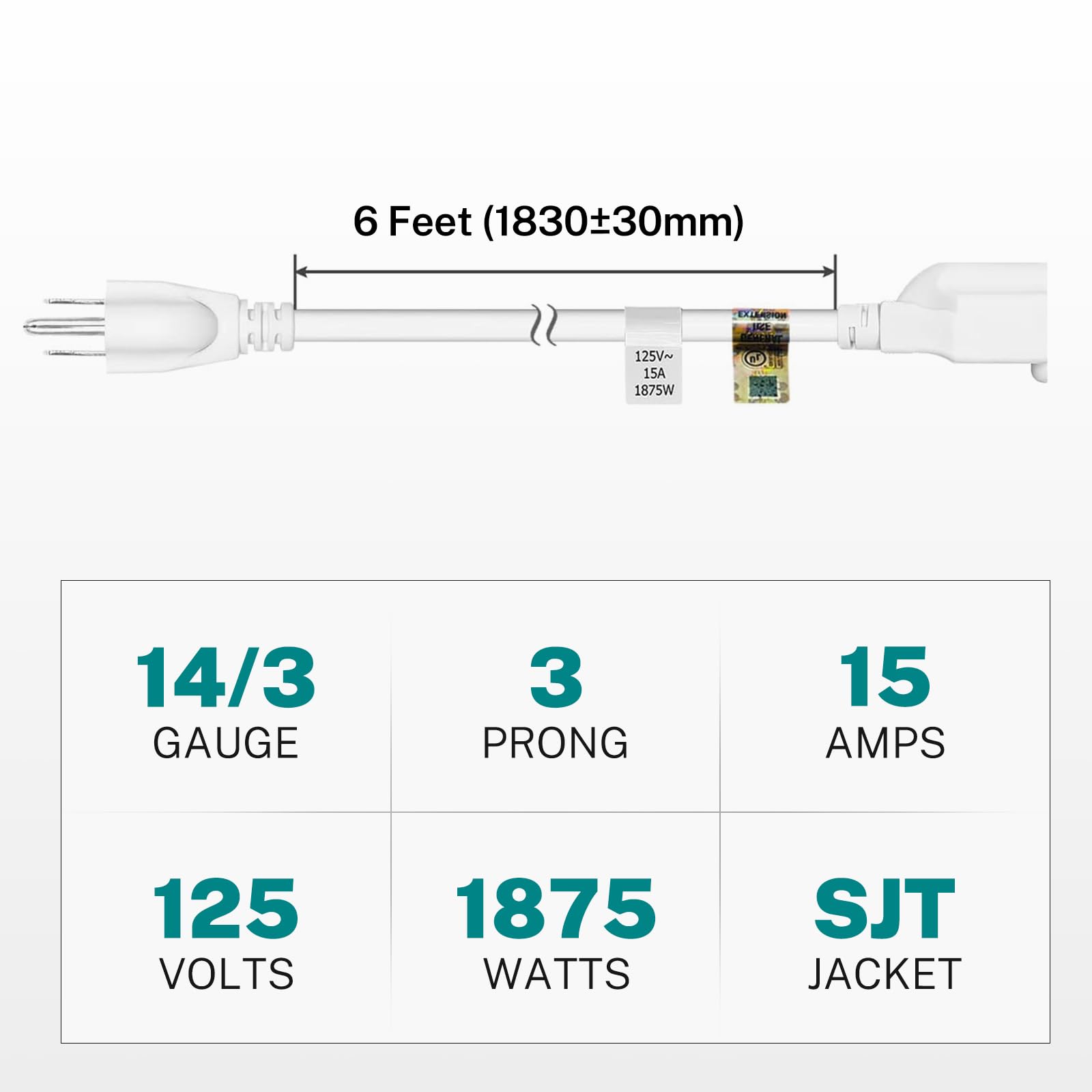 Firmerst 14 Awg Extension Cord 1875W 15A Heavy Duty Grounded 6 Feet, Pack Of 2, White