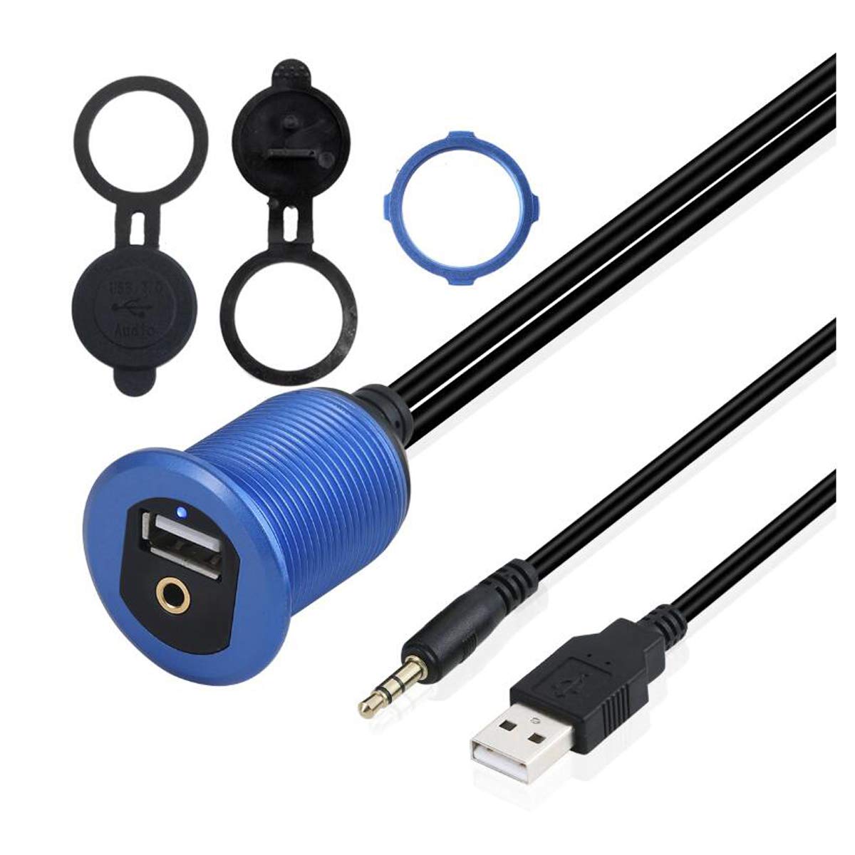 Kework Metal Usb 2.0 Port & 3.5Mm Jack Mount With Light, 3.3Ft Usb & 3.5Mm Male To Usb & 3.5Mm Female Flush Mount Panel Mount Extension Aux Cable For Car Truck Boat Motorcycle Dashboard (Blue & 3.3Ft)