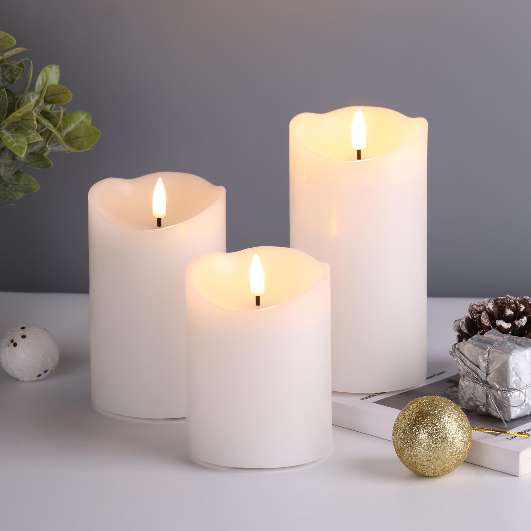 Girimax White Real Wax Flameless Pillar Candles With Remote, Flickering Battery Operated Led Candles F 3'' H 4'' 5'' 6''