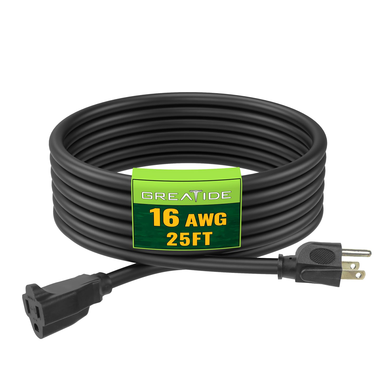Greatide Indoor Outdoor Extension Cord 25 Ft, 16/3 Sjtw Weatherproof Black Electrical Cords, 13 Amp Heavy Duty 3 Prong Power Cab