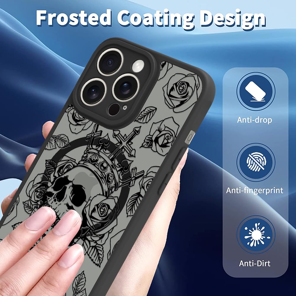 Ook Magnetic For Iphone 14 Pro Max Case Black Skull Flower [Compatible With Magsafe] Slim Translucent Matte Camera Lens Protecti