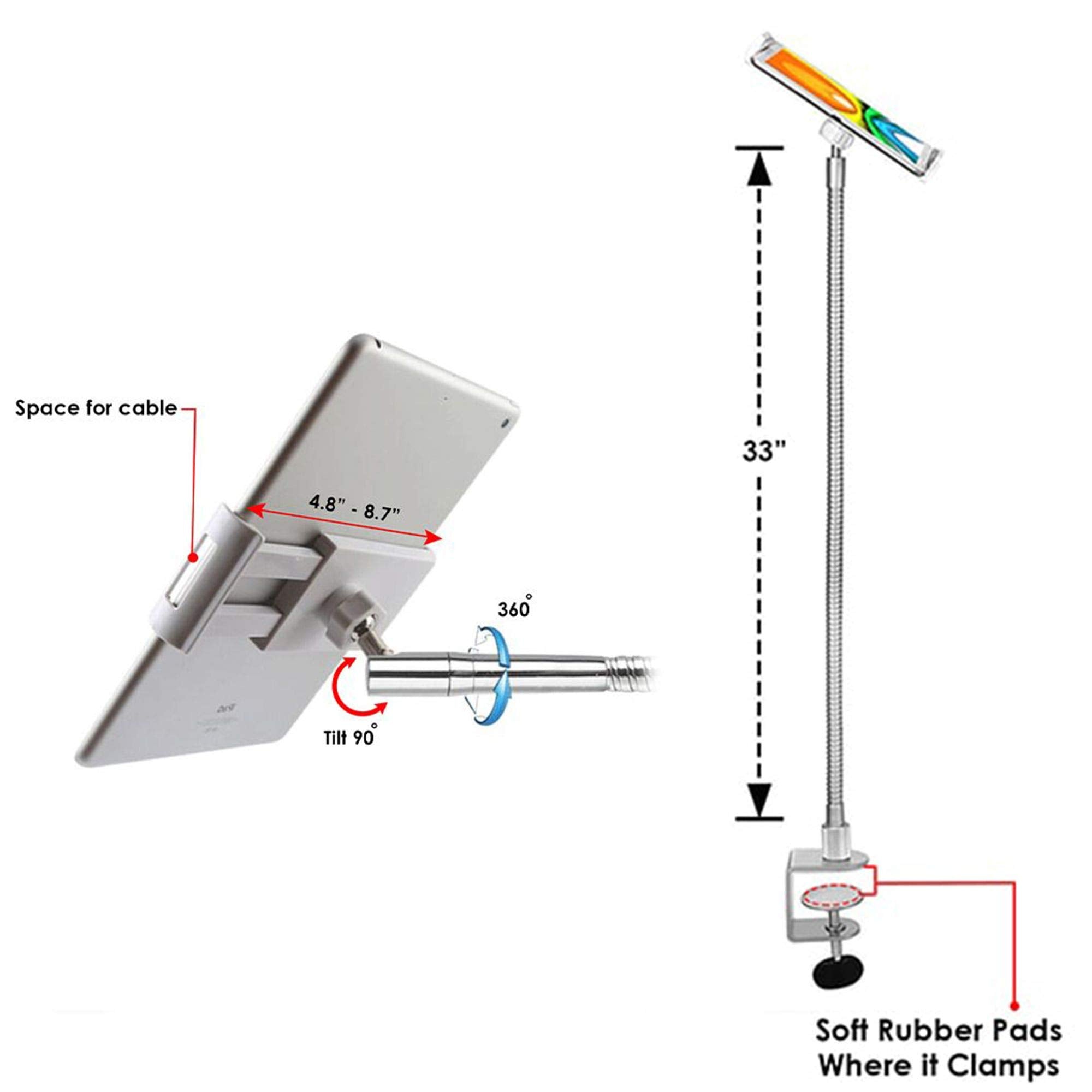 MagicHold 360 Degree Rotating Bed Tablet Mount Holder Stand Compatible with Ipad Pro 12.9 Inch,ipad Air,ipad Mini, Tablets,The Longest 33 Inch.Turns Any Angle (Silver Goose)