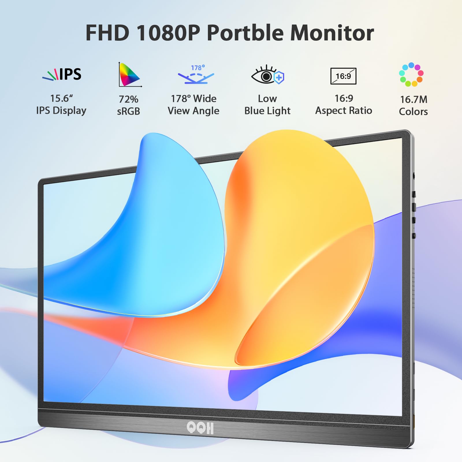 Qqh Portable Monitor 15.6Inch Fhd 1080P Usb C Hdmi Alloy Travel Screen Monitor With W/Smart Cover & Built In Speaker, Plug&Play