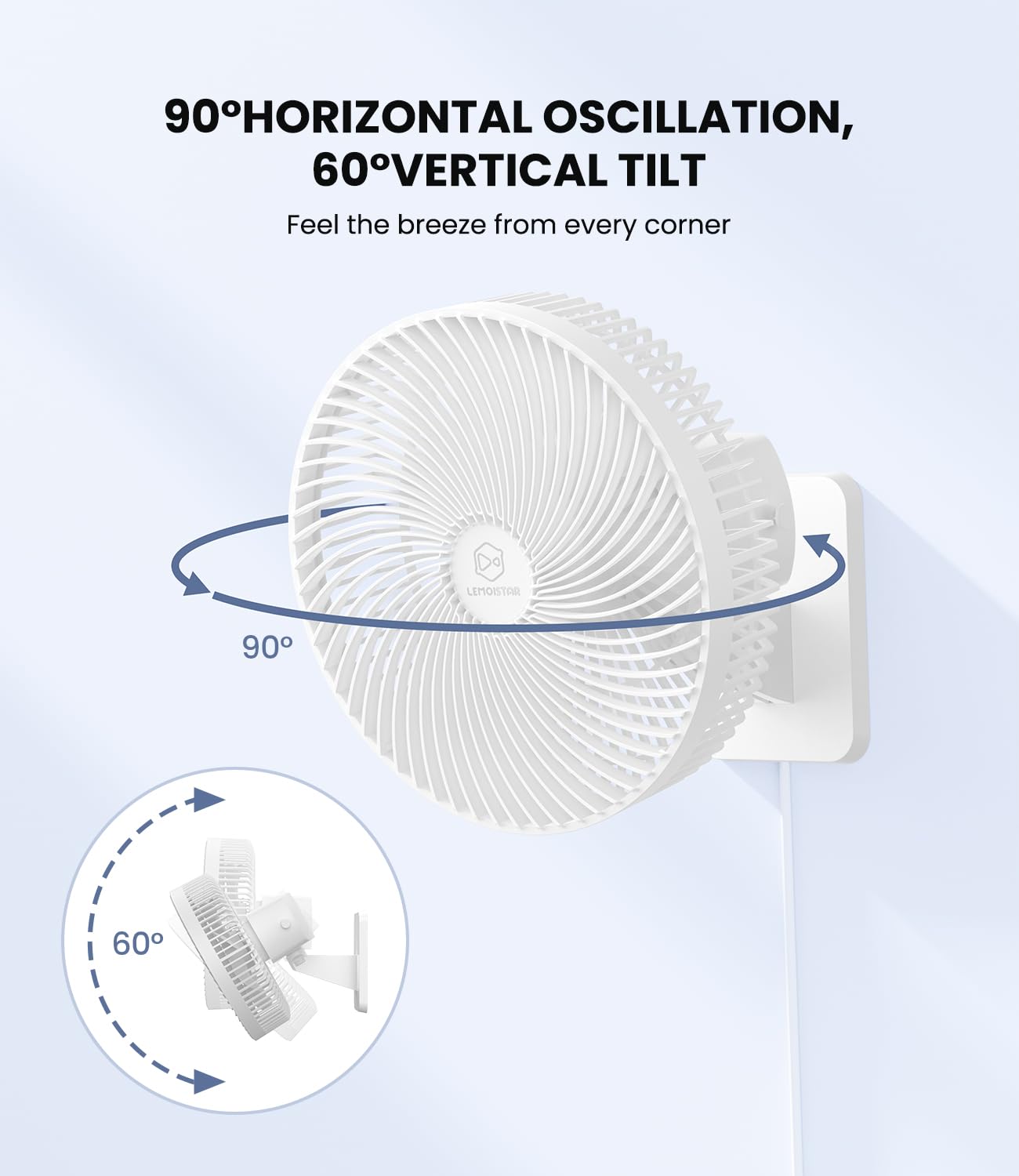 Lemoistar 10 Inch Wall Mounted Fan With Remote Control, 90 Oscillating, 4 Speeds, 4 Timer, Adjustable Tilt, 70 Inch Cord, Quiet,