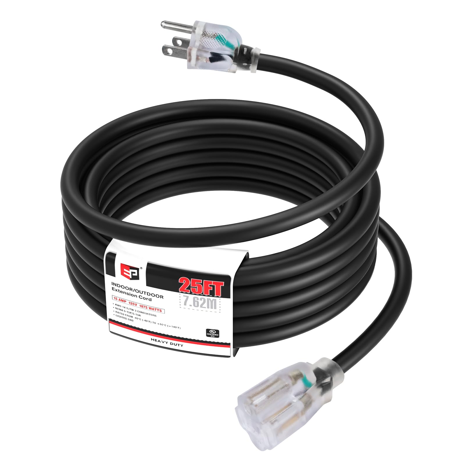 Ep 25Ft 14/3 Lighted Outdoor Extension Cord   14 Gauge 3 Prong Sjtw Heavy Duty Black Extension Cable With 3 Prong Grounded Plug