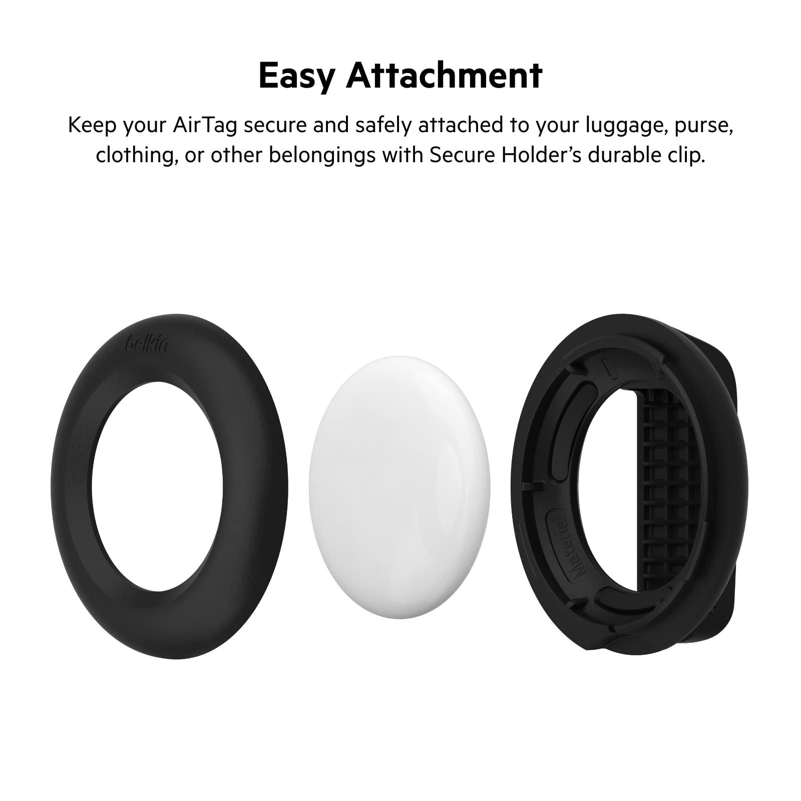 Belkin Apple AirTag Secure Holder with Clip   Durable Scratch Resistant Case Air Tag Spring Loaded Attach to Backpack, Clothing, and Luggage Black