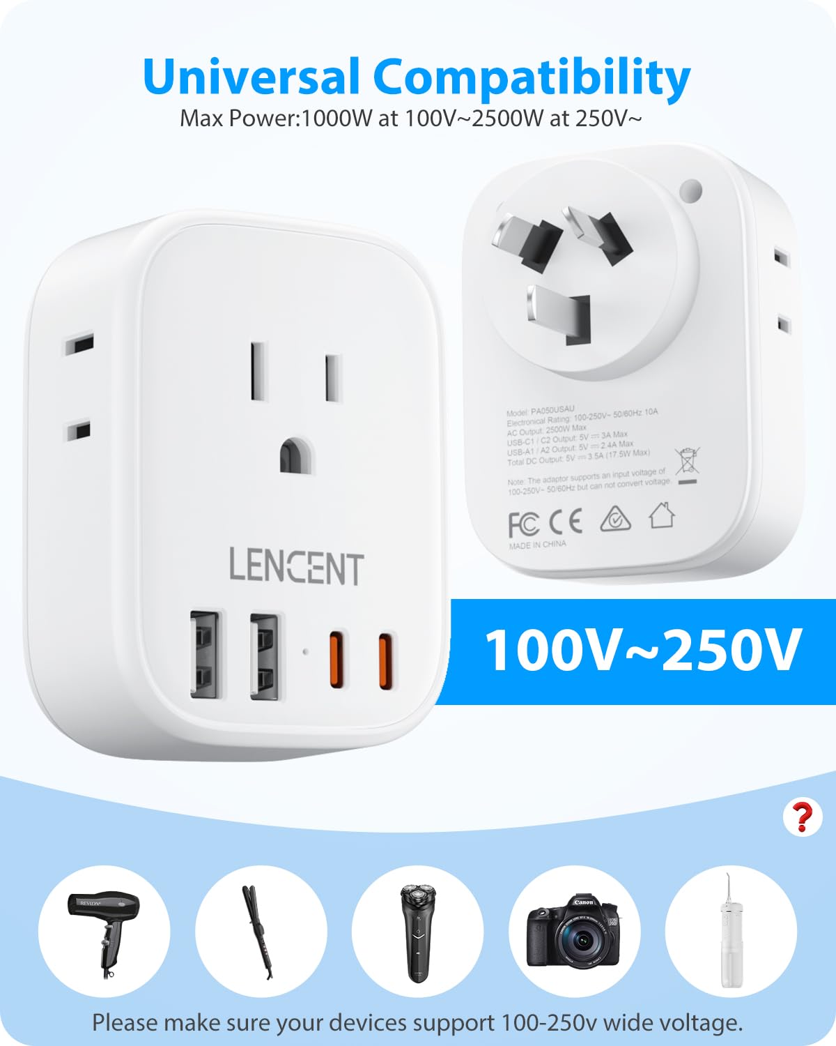 Lencent Australia New Zealand Power Plug Adapter, Australian Travel Adaptor With 4 Outlets, 4 Usb Charger(2 Usb C Port), Type I