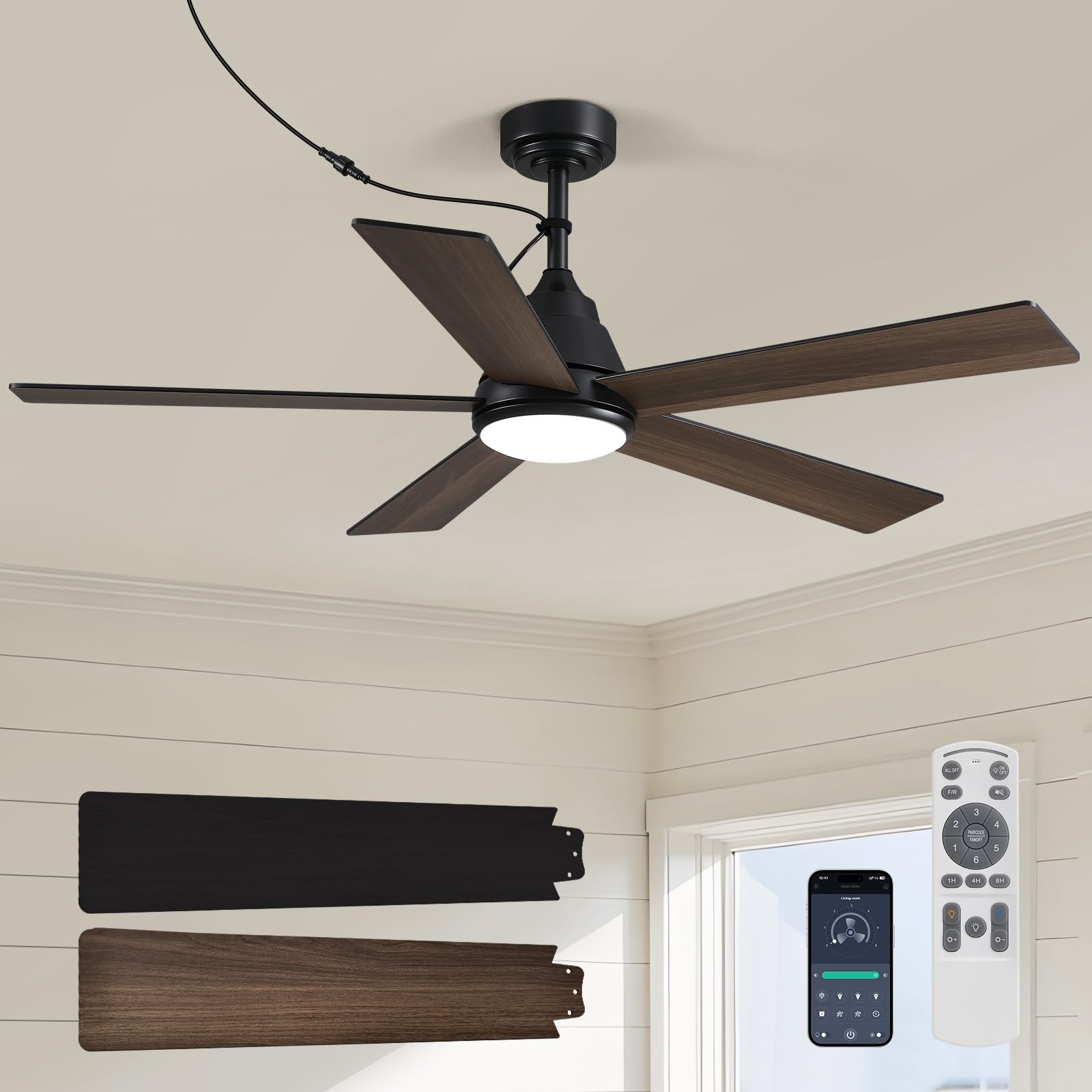 SPACORA 52 Inch Ceiling Fan with Light, Black Ceiling Fans with Lights and Remote/APP, 3CCT, Noiseless DC Motor, Waterproof Plug