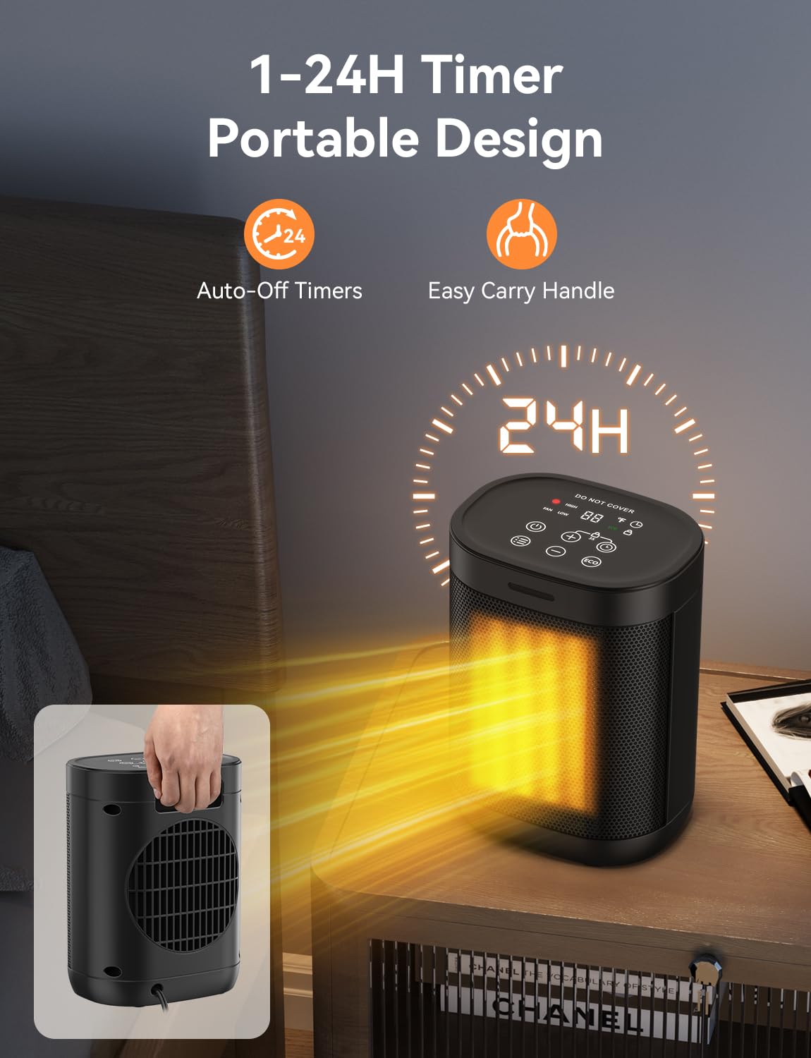 1500W Space Heaters For Indoor Use, Portable Electric Heater With Eco Mode, 59 95F Digital Thermostat, Child Lock, 24H Timer, Sm