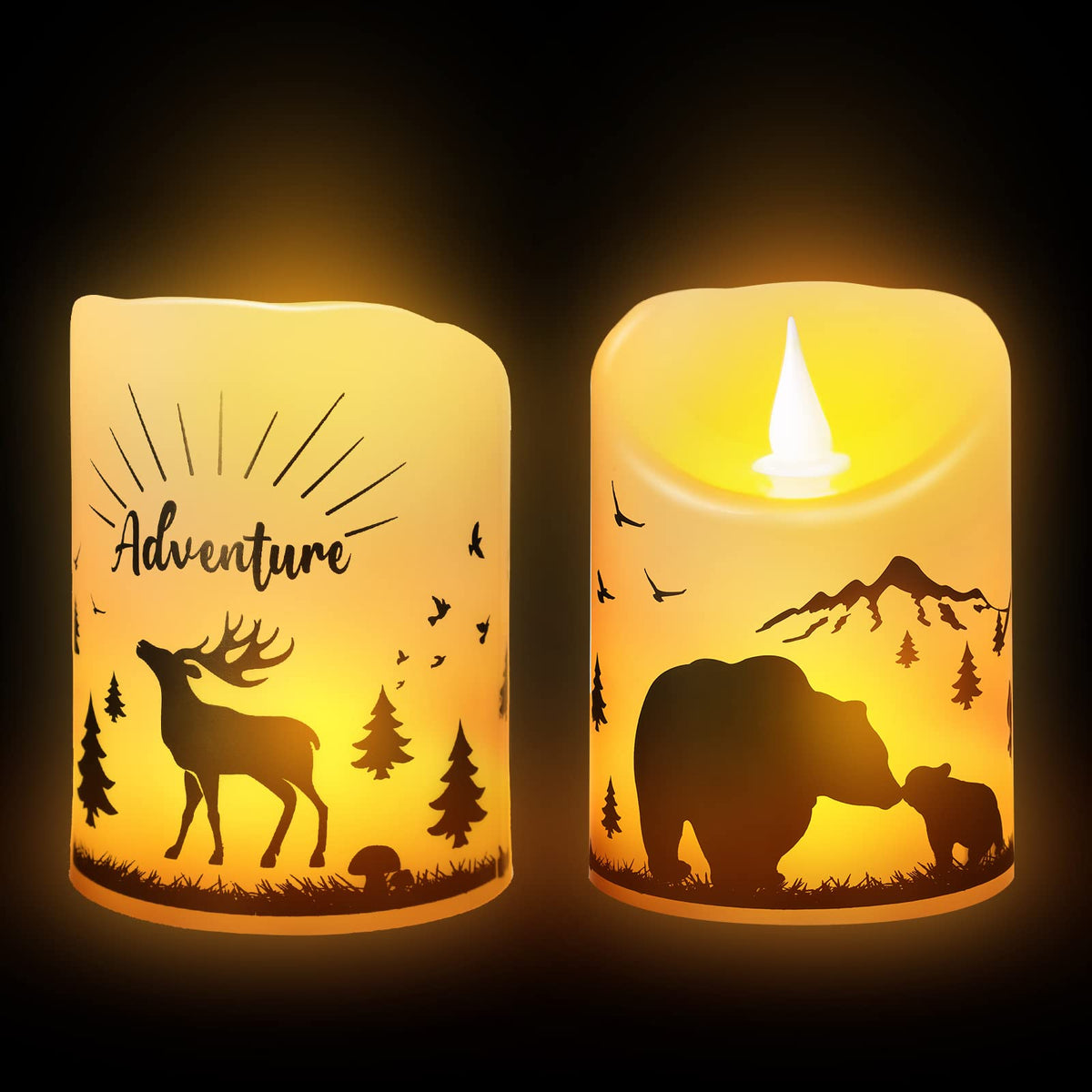 2 Pieces Christmas Flameless Led Candles With 8H Timer, Battery Operated Plastic Pillar Rustic Candles Warm Light With Decals Fo