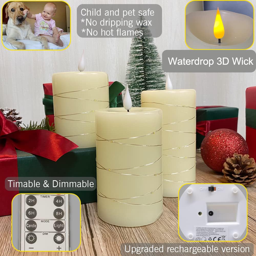 Ledholyt Rechargeable Flameless Candle, Flickering Led Pillar Real Wax Candle With Fairy Lights, Remote Control And Timer, Upgra