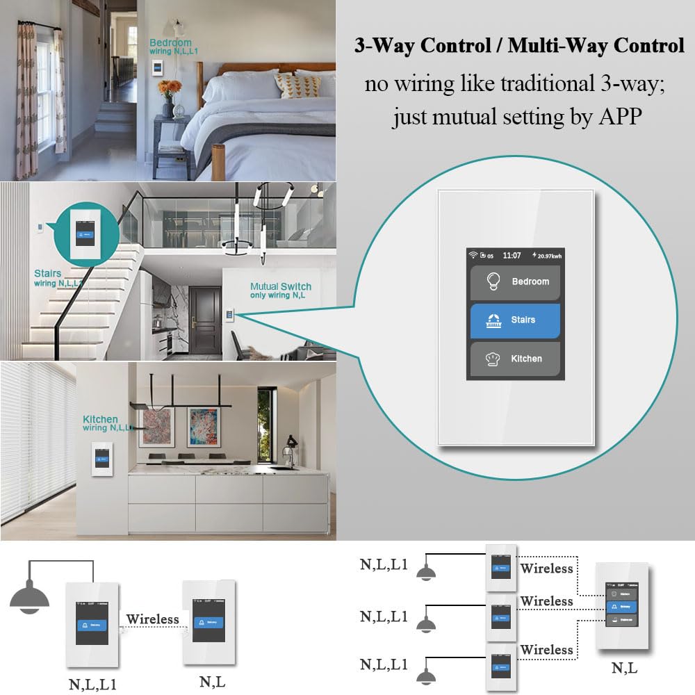 LANBON Smart Light Switch, 3 Gang Wi-Fi, Touch Control, No Dimmer, White, Model L8-HS-SL-W-US, Works with Alexa/Google Home