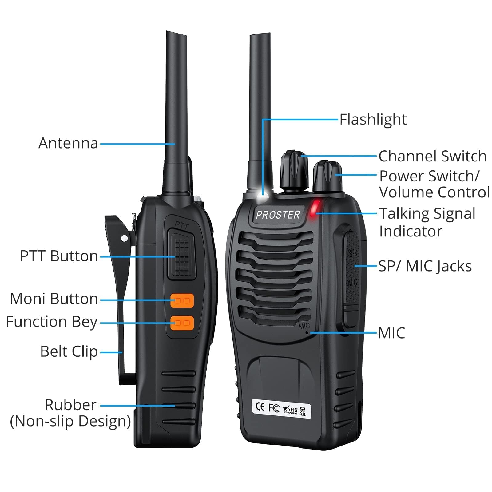 Proster Rechargeable Walkie Talkies 1 Pair   Long Range Two Way Radios 16 Channel Handheld Walky Talky, With Usb Charger 2 Pack Earpiece Mic For Walkie Talkies