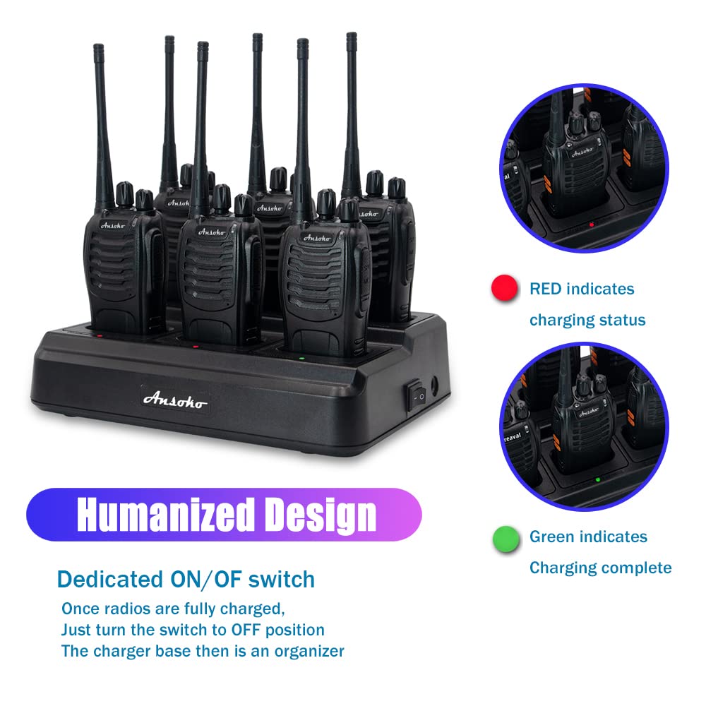 Ansoko Walkie Talkies For Adults Long Range Rechargeable 2 Way Radio Walkie Talkie With 6 Bank Gang Charger And Spare Batteries