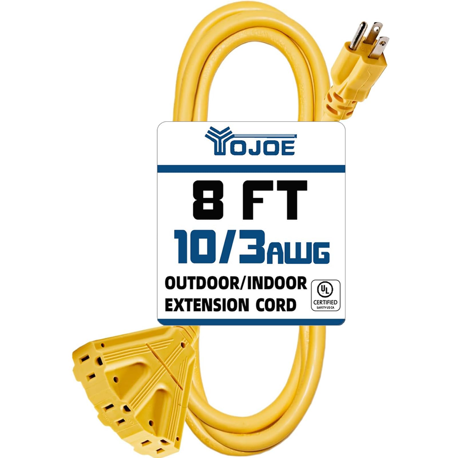Yojoe 3 Outlets Indoor Outdoor Extension Cord, 3 Prong 15A Weatherproof Power Cord Multiple Outlets, 10 Gauge Heavy Duty 8 Ft Ye