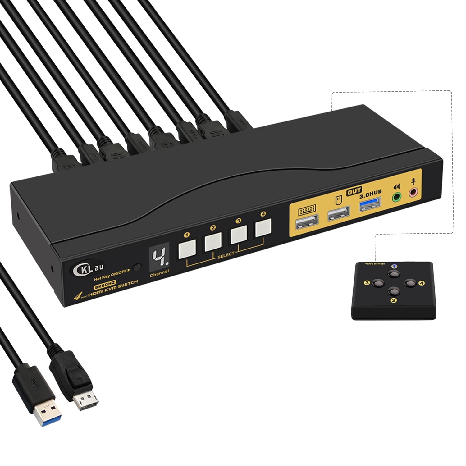 Cklau 4 Port Kvm Hdmi Switch With Audio, Cables, And Usb 3.0 Hub Supports 8K@60Hz 4K@144Hz, Hotkey Switching, Emulation Edid