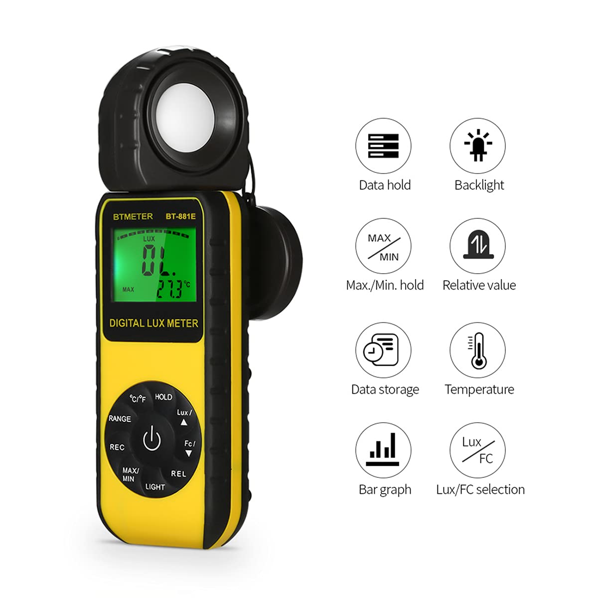 Btmeter Bt 881E Digital Illuminance/Light Meter, Measure Lights 0.01~300,000 Lux (0.01~30,000 Fc) Foot Candles, Par Meter Luxmet