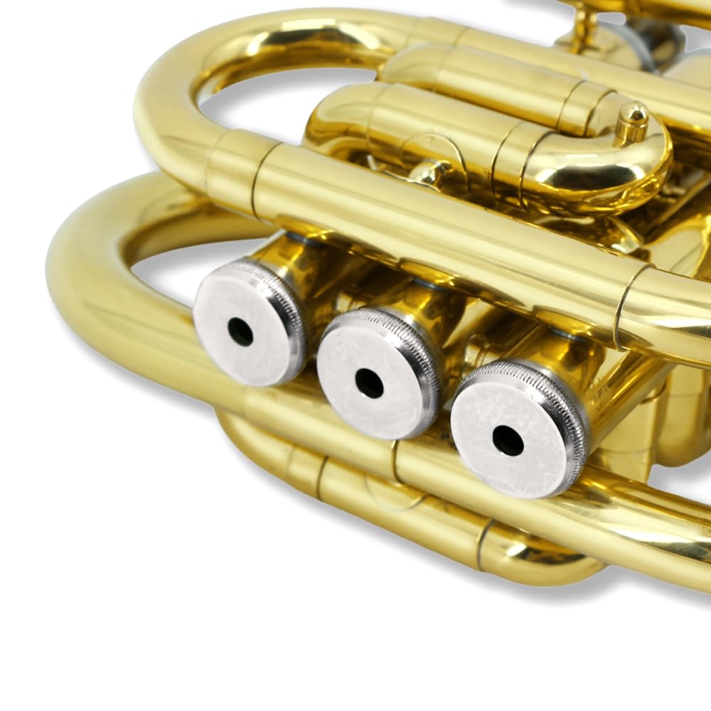 Wuqimusc Brass Pocket Trumpet Bb Key Nickel Plated With Mouthpiece 7C, Cleaning Kit, Carrying Case, Gloves For Beginners/Student