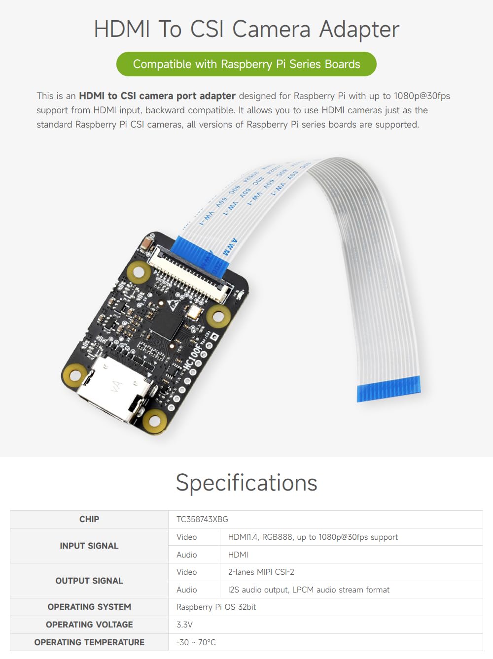 Waveshare Hdmi To Csi Adapter, Compatible With Raspberry Pi 4B/3B+/3B/Pi Zero/Zero, Support 1080P@30Fps Support From Hdmi Input