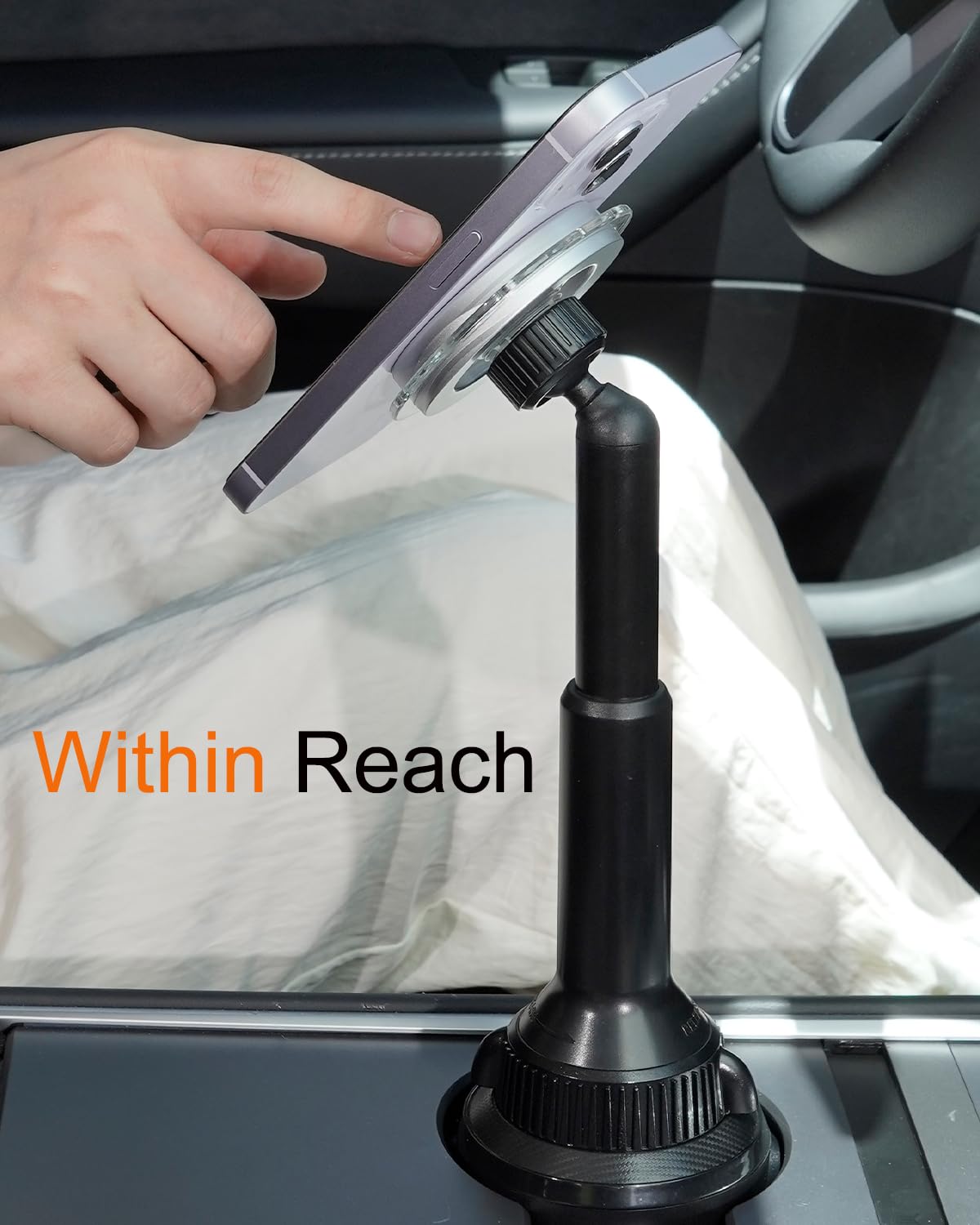 Oqtiq Phone Cup Holder For Car Mount Compatible With Magsafe, Quick Extension Long Arm And 360 Rotation - Stable & Secure For Ip