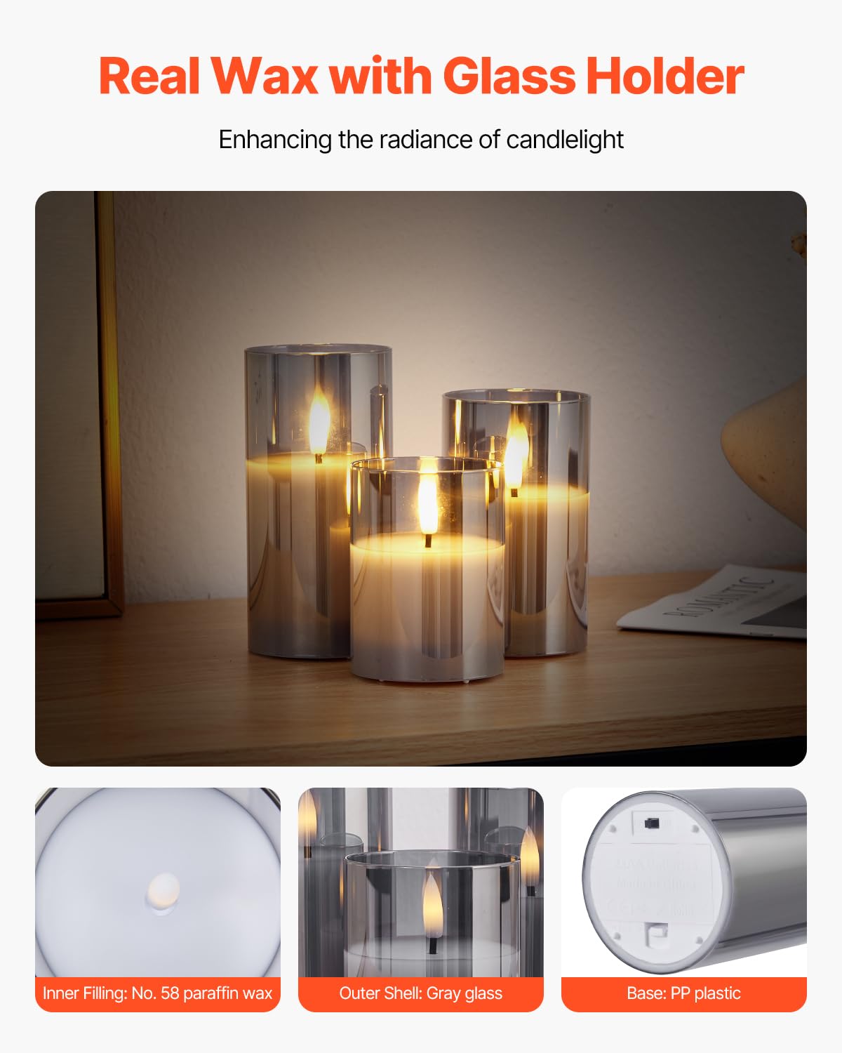 Vevor Gray Flickering Flameless Candles, Set Of 3 Battery Operated Flameless Led Candles With 10-Key Remote And Timer, Real Wax