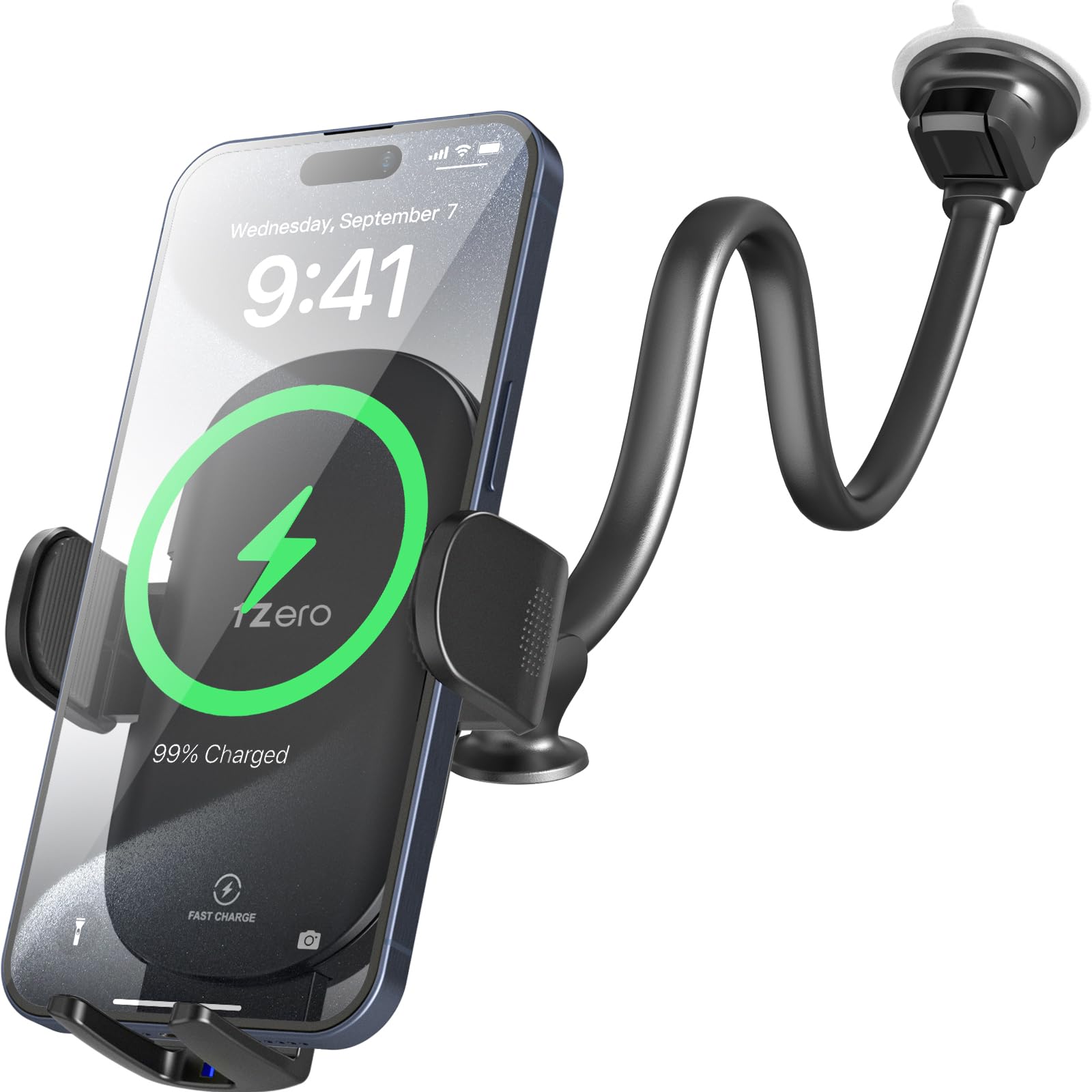 1Zero Solid Car Truck Phone Mount Wireless Charger Holder With 14-Inch Gooseneck Long Arm For Iphone 15 Pro Max Plus 14 13 12 11