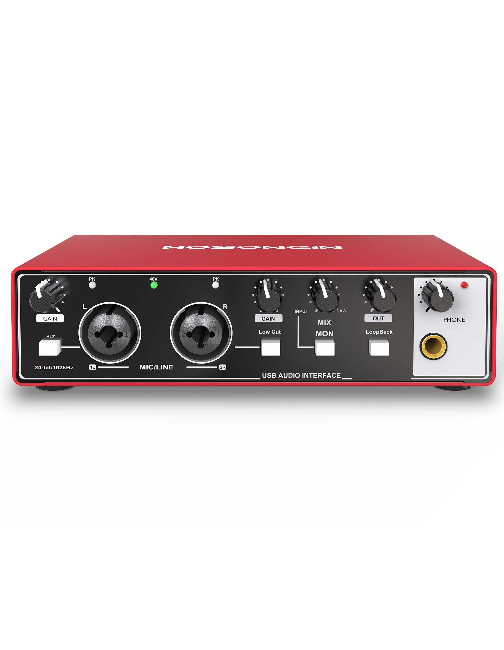 HOSONGIN USB Audio Interface for Beginners - 24Bit/192kHz, 48V Phantom Power, Plug & Play Recording for Podcast/Vocals/Guitar/Yo