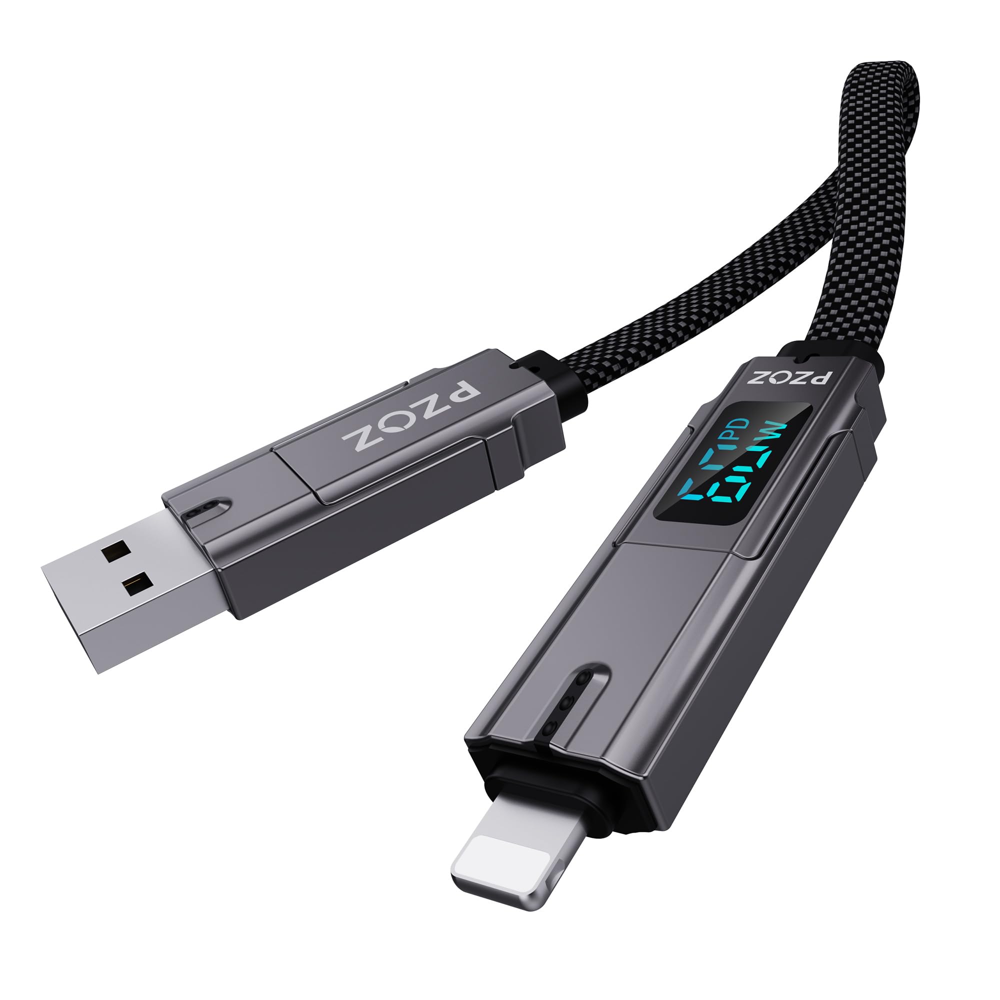 Pzoz Multi Charging Cable Keychain Charger Cable With Led Display, 4 In 1 Multi Usb C Fast Charging Combo Lightning/Type C/Usb A