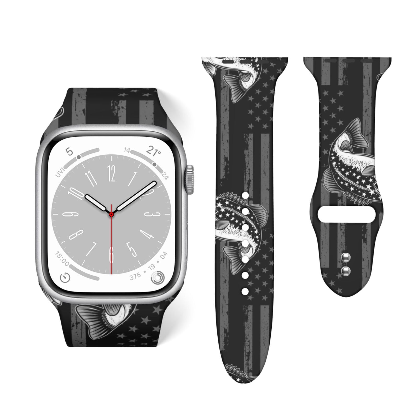 Soft Silicone Strap Adjustable Replacement Bands Compatible with Apple Watch American Flag Hunting Camo Fish Black, Fashionable 