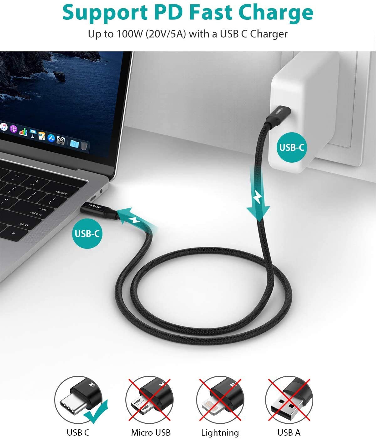 Nimaso Usb C 3.1 Gen 2 Cable 10Gbps Data Transfer, 4K Video Output Monitor Cable 100W Pd Fast Charging Cable For Iphone 15Pro/15