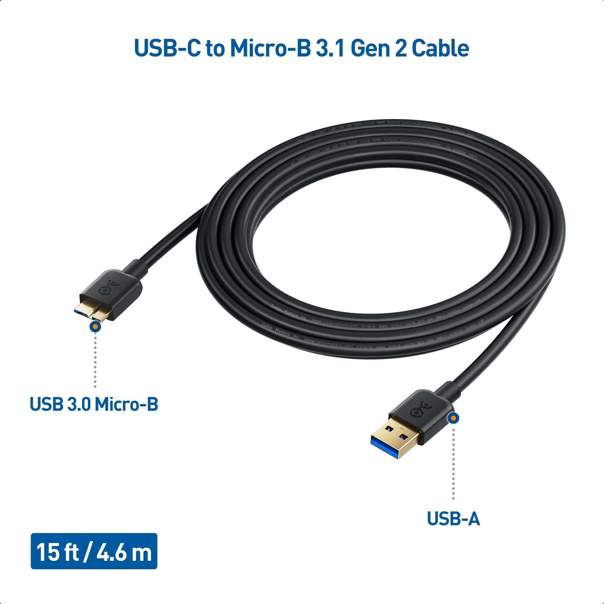 Cable Matters Long Micro Usb 3.0 Cable 15 Ft (External Hard Drive Cable, Usb To Usb Micro B Cable) In Black, Compatible With Sea